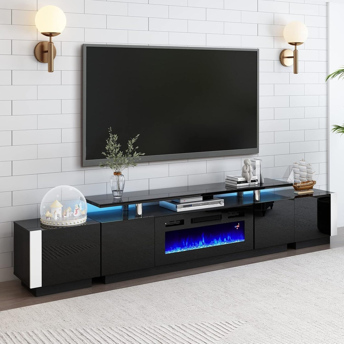 110" Large Fireplace TV Stand Set with 36" Electric Fireplace, Includes 70" 2-Tier Fireplace TV Stand, 2 X End Tables, Modern High Gloss TV Console with LED Light for Living Room, Black