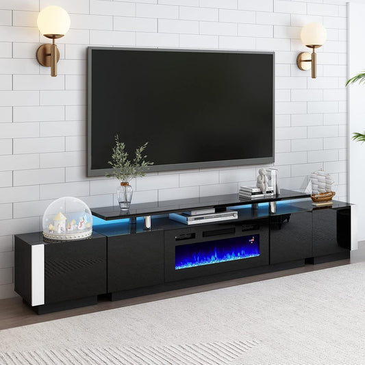 110" Large Fireplace TV Stand Set with 36" Electric Fireplace, Includes 70" 2-Tier Fireplace TV Stand, 2 X End Tables, Modern High Gloss TV Console with LED Light for Living Room, Black