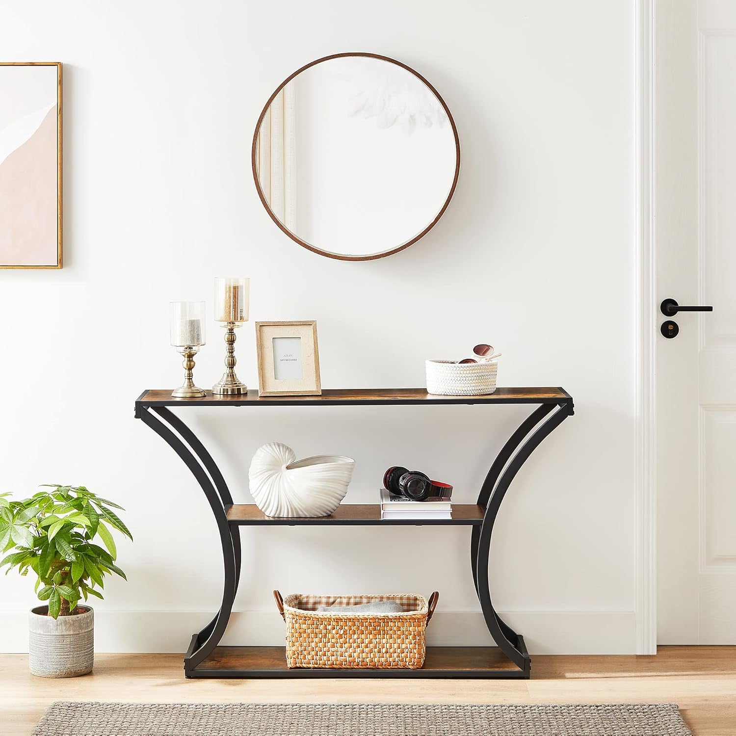 Console Table with Curved Frames and 2 Open Shelves, for Hallway Entryway Living Room, Rustic Brown + Black, 11.8 X 47.2 X 31.5 Inches