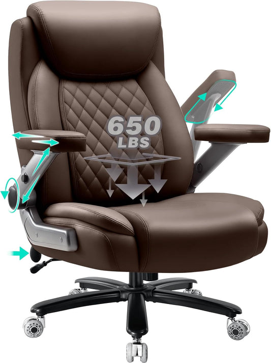 650LBS Big and Tall Office Chair with 5D Flip Arms and Thick Pocket Spring Cushion, Extra Wide Heavy Duty Office Chair with Adjustable Lumbar Support, Large High Back Computer Chair Dual Rubber Wheel