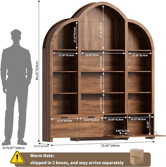 Arched Triple Wide Bookshelf - 84'' H Large Bookcase with 15 Cubby Storage, Curved Top, Flip-Down Cabinets, 5 Tier Wood Book Shelves for Office, Brown Antique Bookshelf for Living Room (Brown)