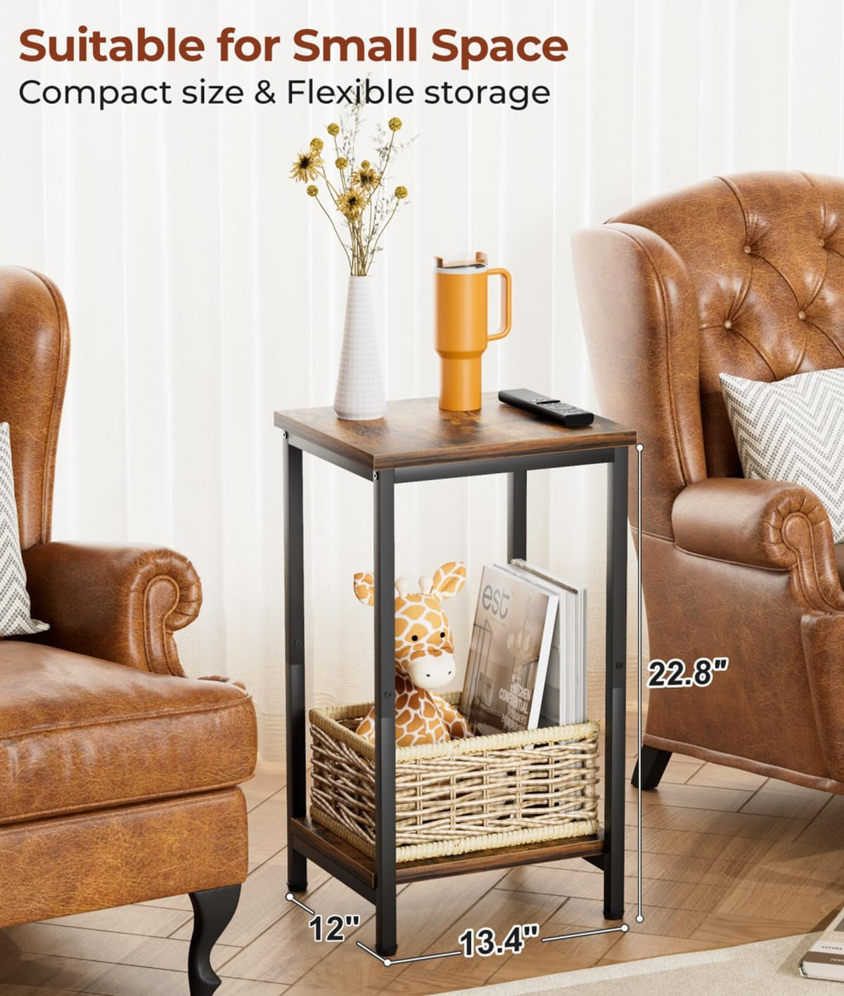 Small Side Table for Small Space End Tables for Living Room, 2-Tier Storage Shelf Night Stand, Sofa Bedroom Bedside Table Nightstand Storage, Rustic Brown