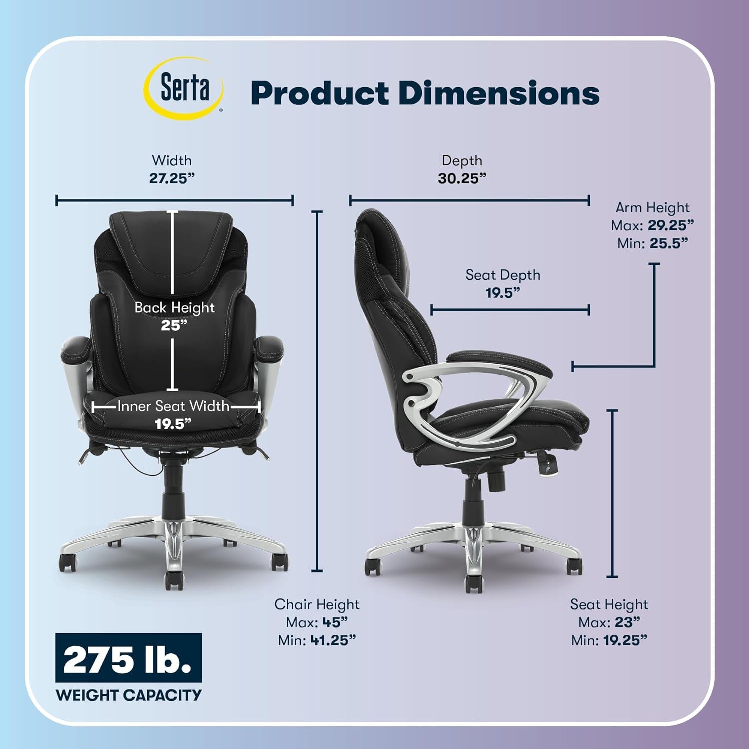 Bryce Executive Office Chair, Ergonomic Computer Deskchairs with Patented AIR Lumbar Support, Comfy Body Pillows, Height Adjustable, Swivel Base with Wheels, Bonded Leather, Black