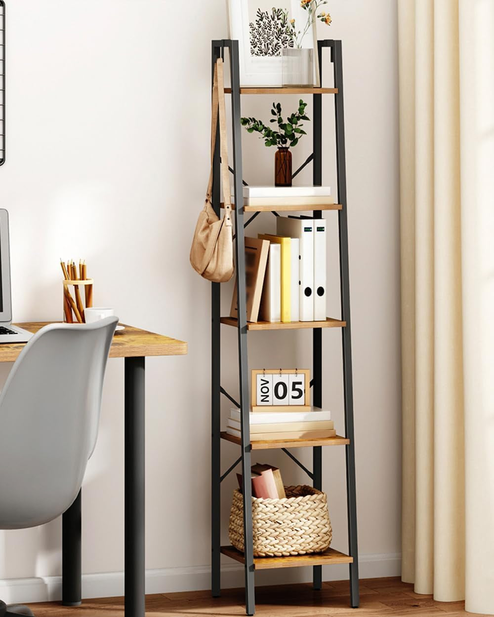 Ladder Shelf, Bookshelf Bookcase, Freestanding Corner Storage Shelve with 2 Hooks for Home Office, Living Room, Kitchen, Bedroom, Industrial, 11.8" D X 13.4" W X 63" H, Rustic Brown BC03201B