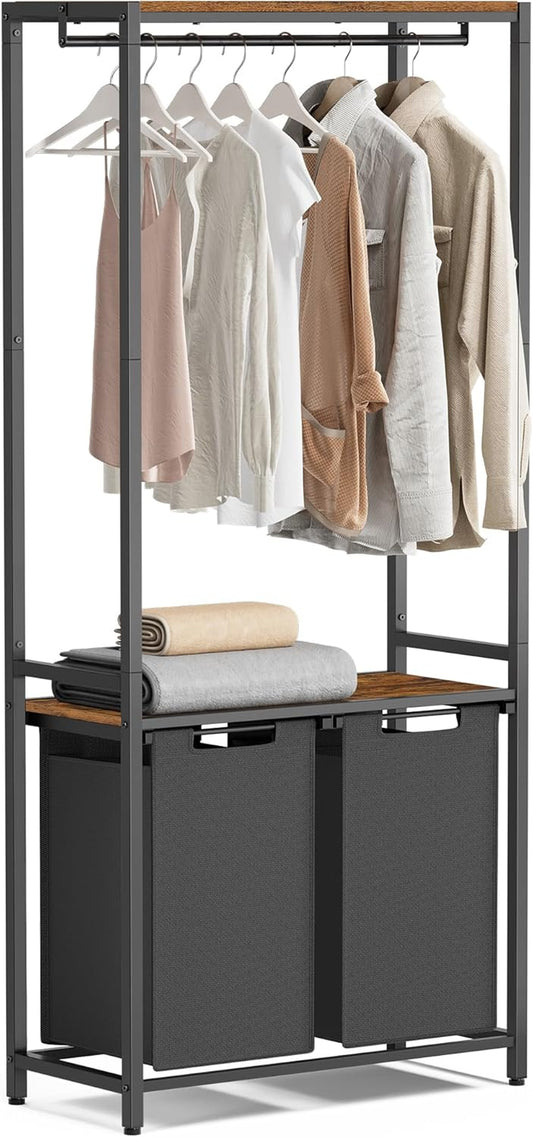 Laundry Basket, 2-Section Laundry Hamper with 2 Shelves, Pull-Out and Removable Liners, Clothes Rail, 2 X 12.1 Gallons, 28.7 X 13 X 69.7 Inches, Rustic Brown and Black UBLH231B02