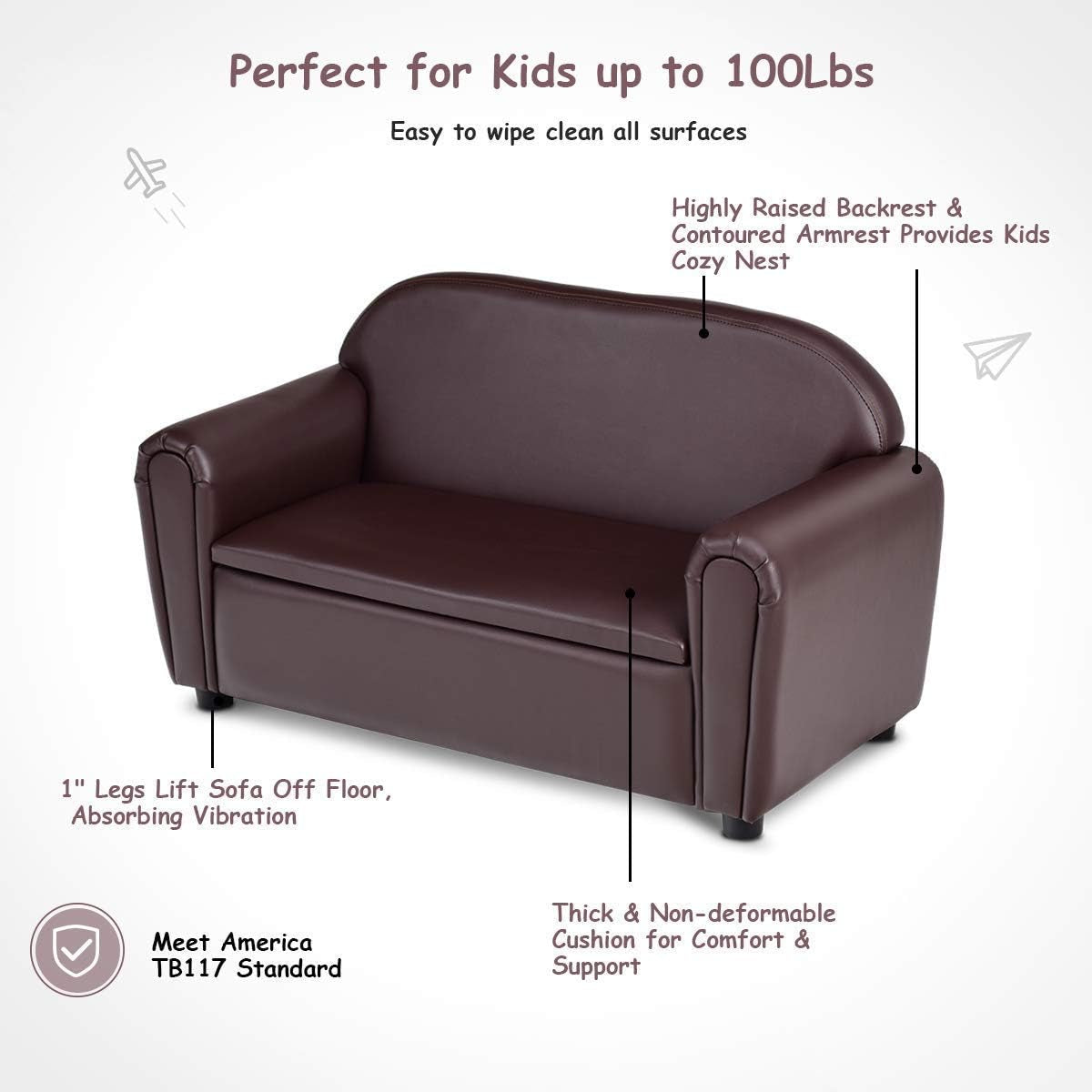 Kids Couch, 2 in 1 Double Seat Children'S Sofa W/Under Seat Storage, PU Leather Surface, Toddler Armrest Chair, Kids Room, Soft Sofa with Storage for Preschool Baby Boys Girls Gifts