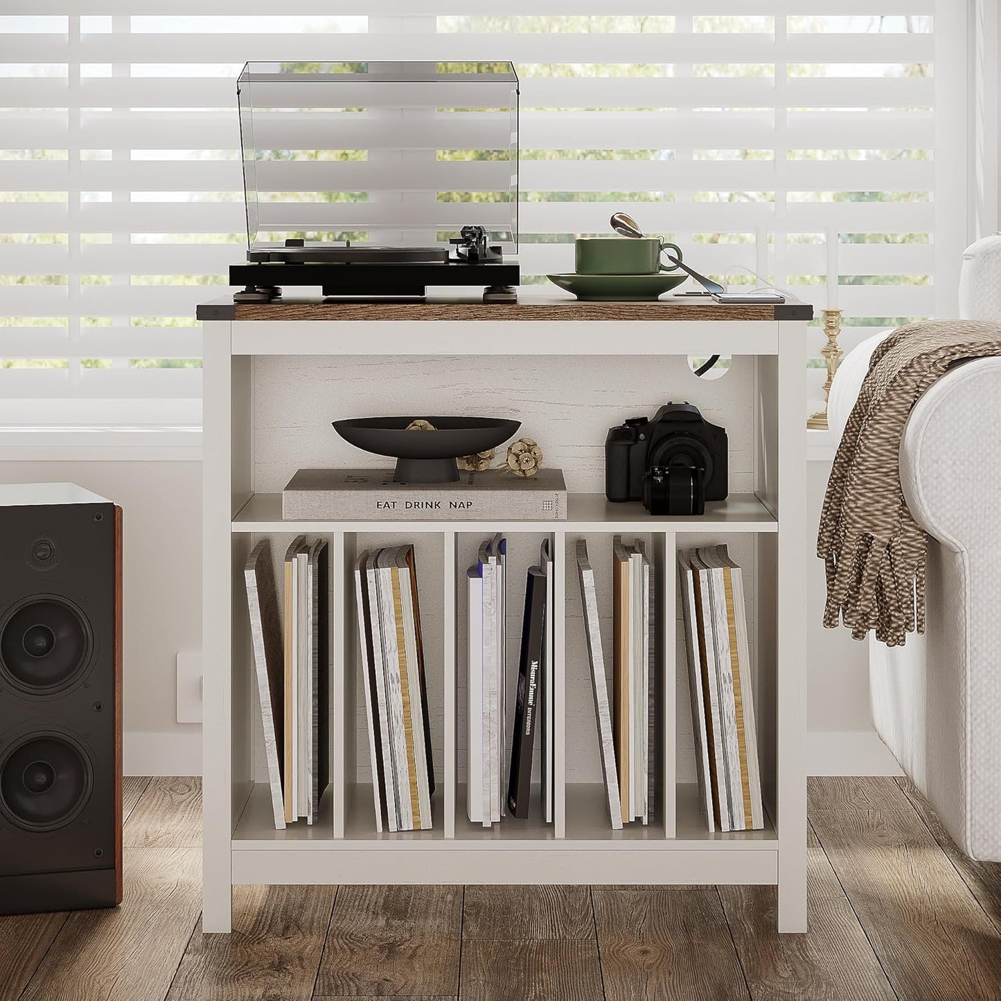 Large Record Player Stand with Charging Station & LED Light, Vinyl Record Holder Hold up to 300 Albums, Farmhouse End Table for Bedroom, Living Room, Antique White