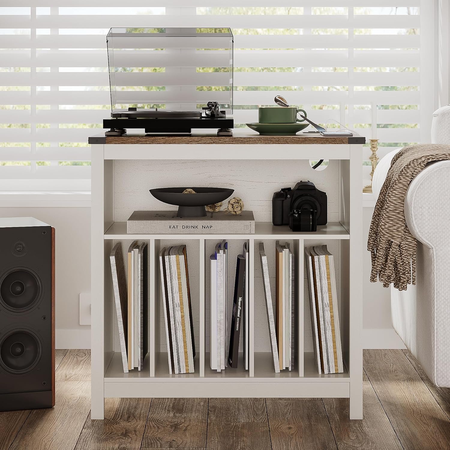 Large Record Player Stand with Charging Station & LED Light, Vinyl Record Holder Hold up to 300 Albums, Farmhouse End Table for Bedroom, Living Room, Antique White