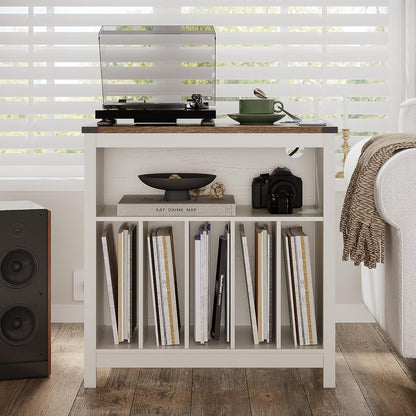 Large Record Player Stand with Charging Station & LED Light, Vinyl Record Holder Hold up to 300 Albums, Farmhouse End Table for Bedroom, Living Room, Antique White