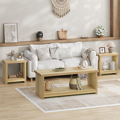End Tables Set of 2 for Living Room, Narrow Side Tables with Storage Shelves, Square End Table for Bedroom, Slim Nightstand, Skinny Rectangle Accent Table, Farmhouse Bedside Table, Natural (2 Pieces)