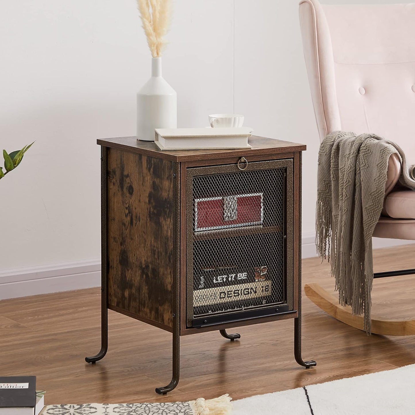 Side/End Table with Pull-Out Tray and 2 Tier Storage Shelf for Small Spaces/Chairside/Bedside Bedroom, Nightstand Steel Frame, Rustic Brown