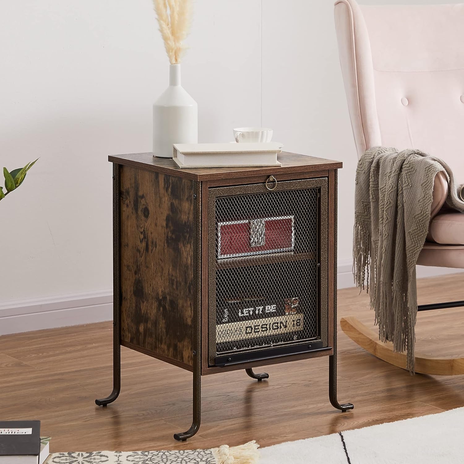 Side/End Table with Pull-Out Tray and 2 Tier Storage Shelf for Small Spaces/Chairside/Bedside Bedroom, Nightstand Steel Frame, Rustic Brown