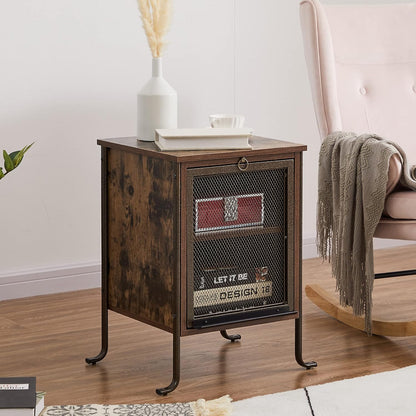 Side/End Table with Pull-Out Tray and 2 Tier Storage Shelf for Small Spaces/Chairside/Bedside Bedroom, Nightstand Steel Frame, Rustic Brown