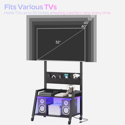 Rolling TV Stand with Power Outlet, Mobile TV Stand with LED Light up to 55" Tvs, TV Cart with Mount, 5 Oxford Fabric Pouches, for Living Room, Meeting Room, Black DS01UDBB