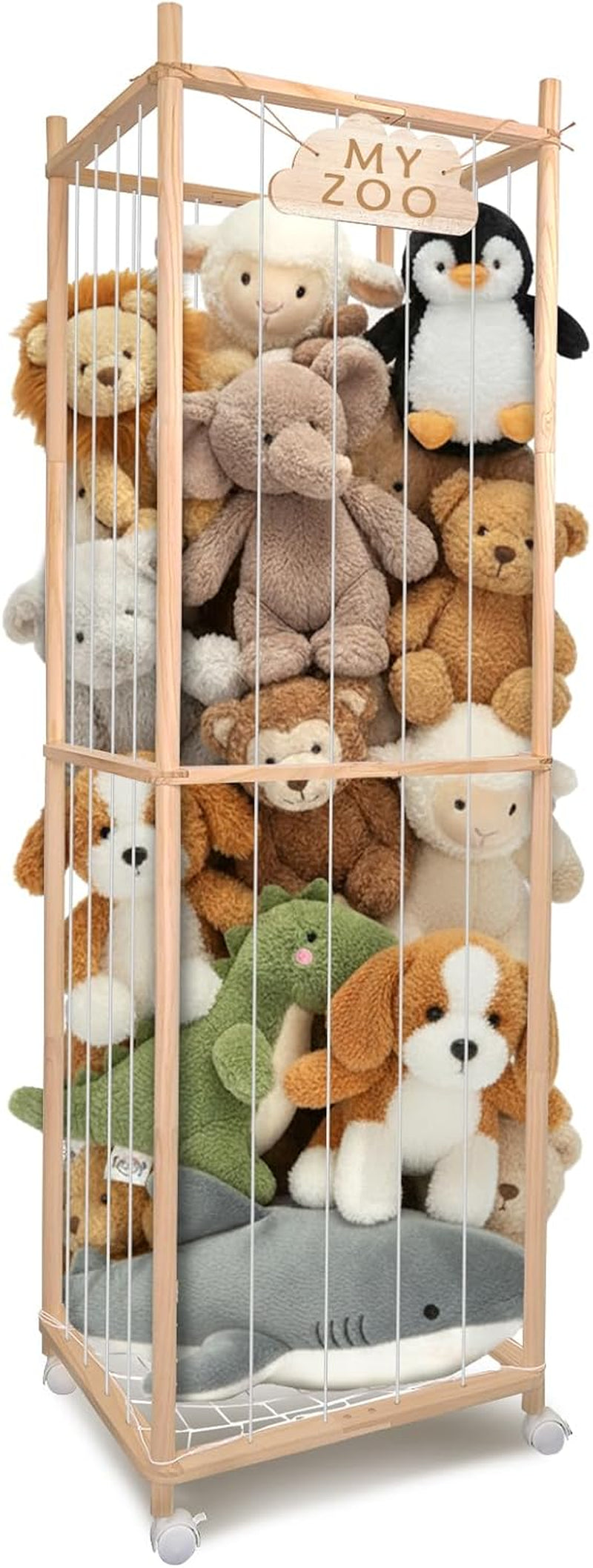 Stuffed Animal Storage Zoo with Wheels, 63'' Tall Large Wooden Plushies Storage Stuffed Animals Holder, Plush Toy Organizer Stuff Animal Zoo with Elastic Band and Net for Toddlers Playroom, Bedroom