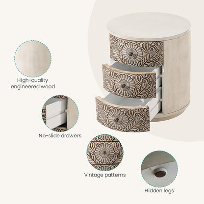 End Table Living Room Small Side Table W 3 Drawers, Vintage Bedside Table, Elegant Nightstand Small Dresser for Bedroom, Lightweight MDF Accent Table (Floral Texture)