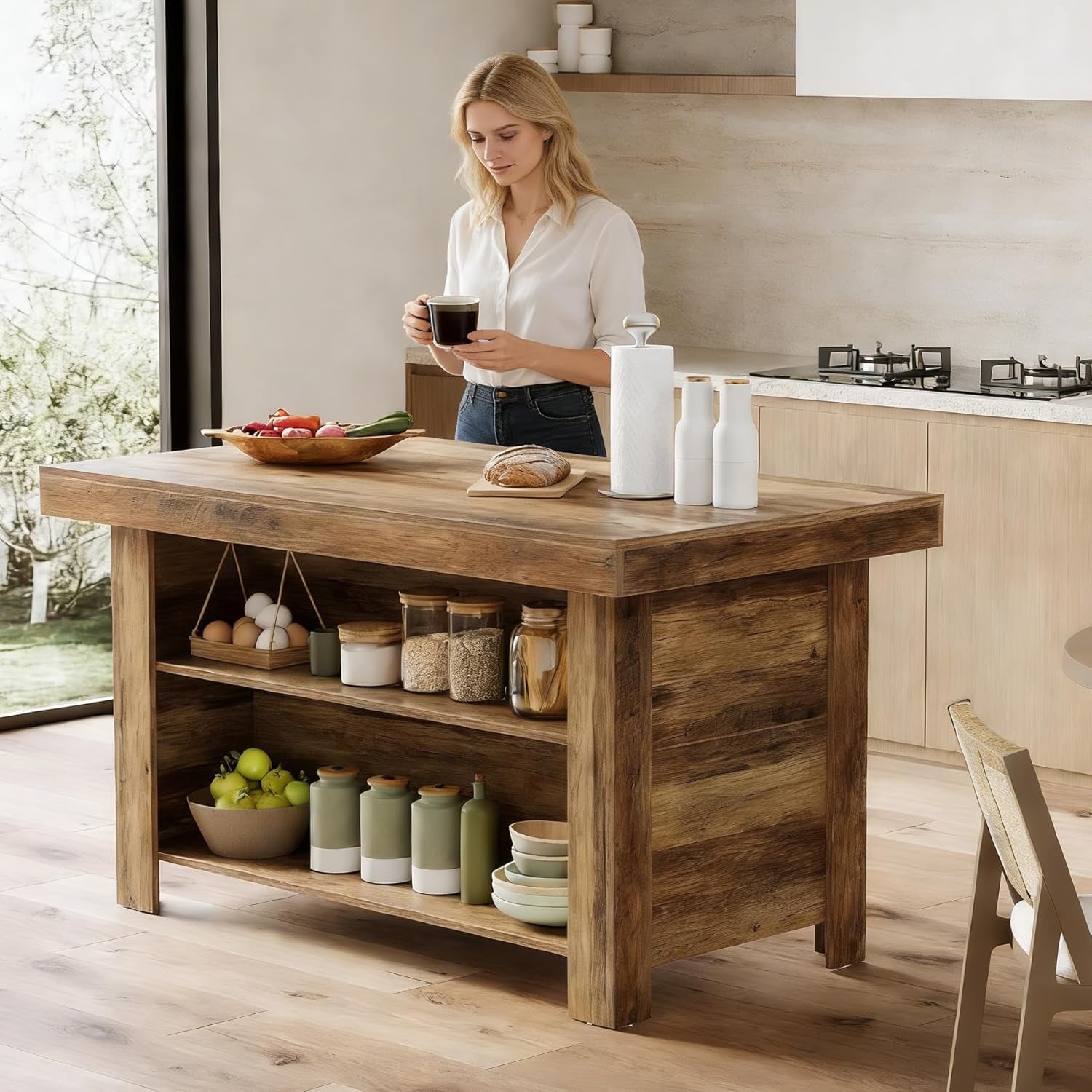 55 Inches Kitchen Island with Storage, 3-Tier Farmhouse Wooden Stationary Island Table with Large Worktop & Leg Room, Modern Coffee Bar Table with Storage Shelf for Kitchen, Rustic Brown