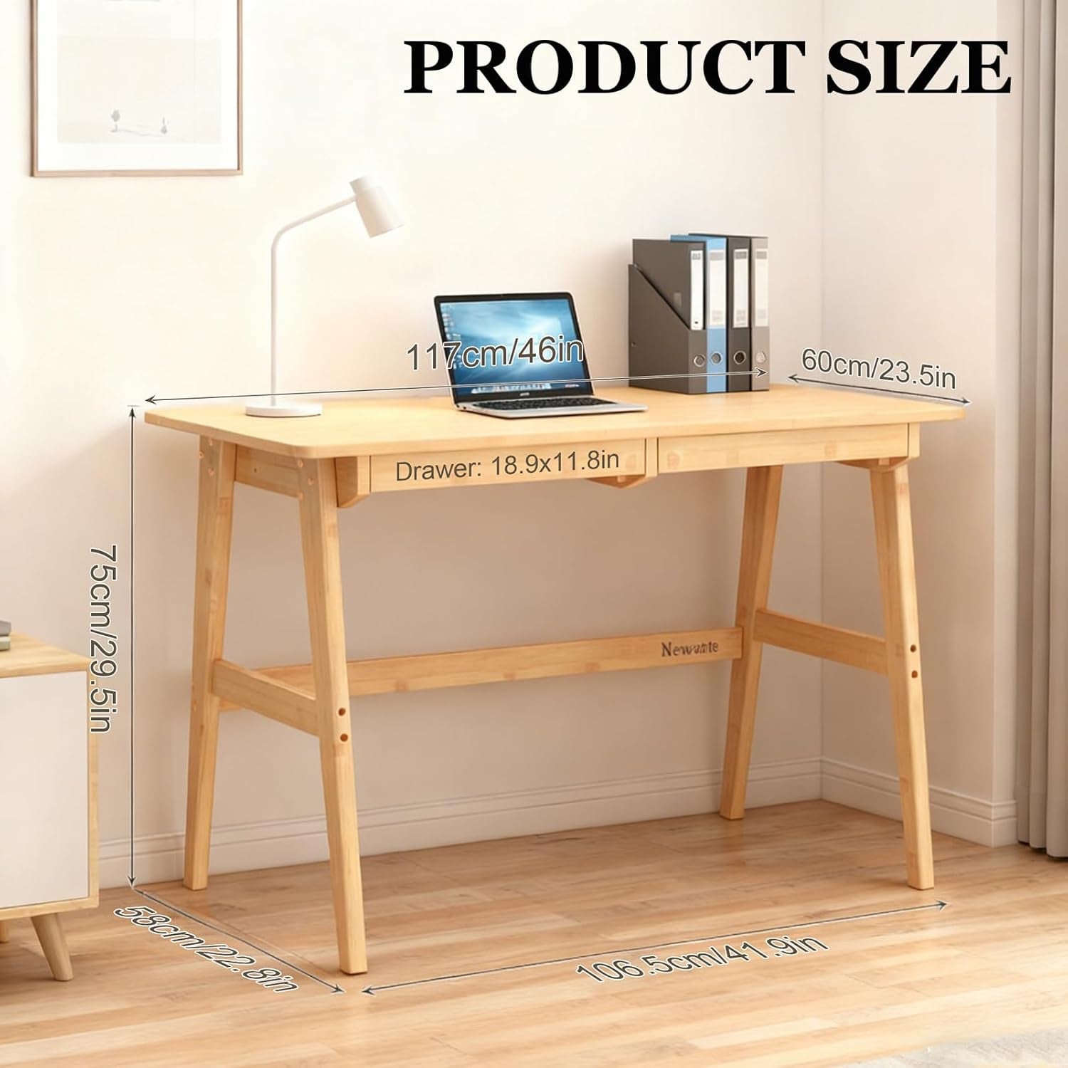 Writing Computer Desk 46" Bamboo Home Office Table with 2 Drawers, Modern Furniture Simple Study Makeup Workstation