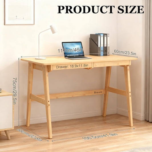 Writing Computer Desk 46" Bamboo Home Office Table with 2 Drawers, Modern Furniture Simple Study Makeup Workstation