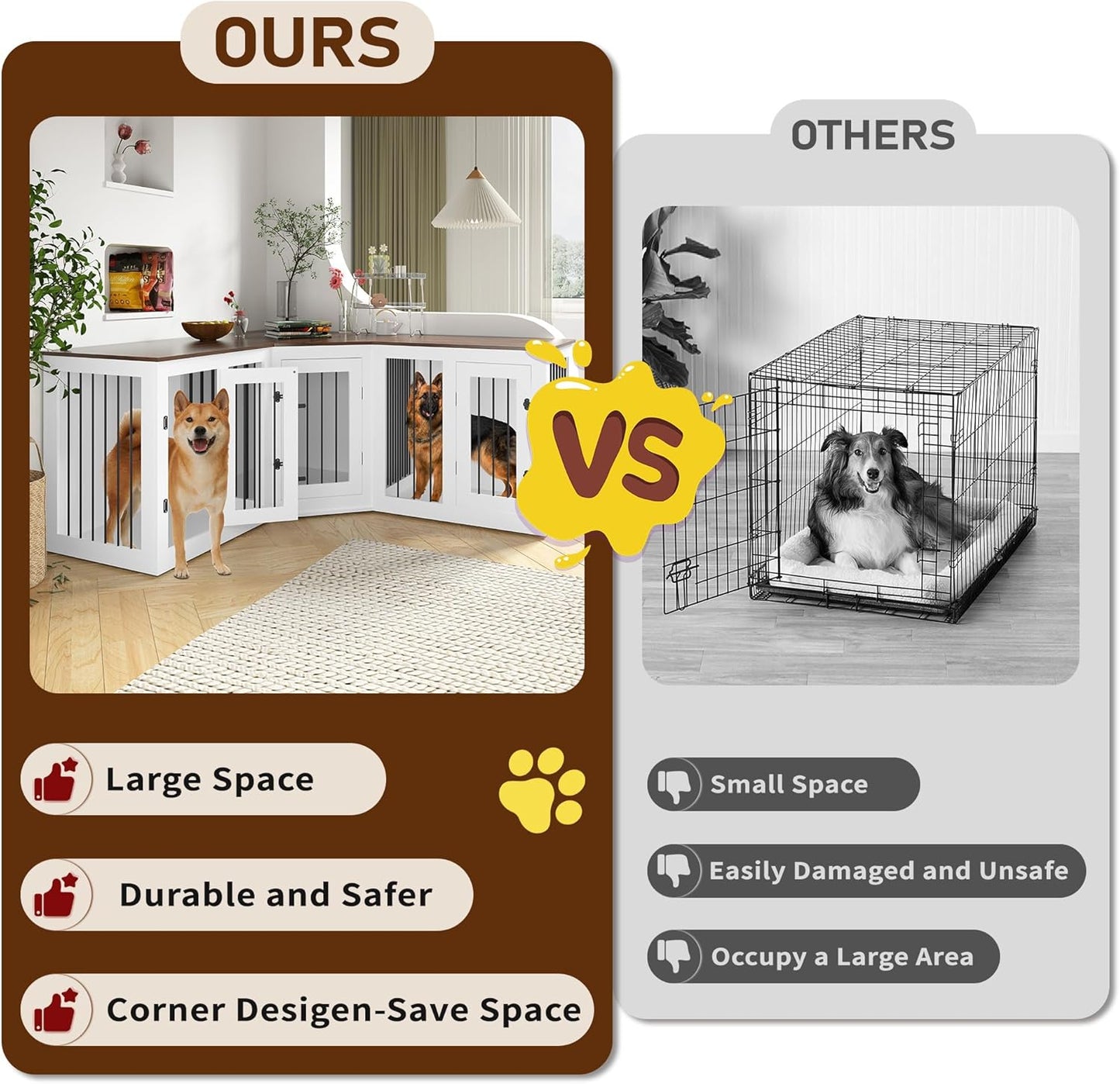 Large Dog Crate Furniture for 3 Dogs, 113'' Corner Dog Crate with Divider, 3 in 1 Heavy Duty Indoor Wooden Dog Kennel Furniture for Small Medium Large Dogs, White