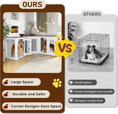 Large Dog Crate Furniture for 3 Dogs, 113'' Corner Dog Crate with Divider, 3 in 1 Heavy Duty Indoor Wooden Dog Kennel Furniture for Small Medium Large Dogs, White
