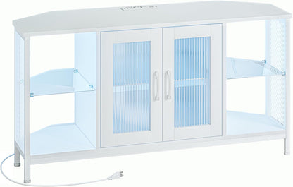 TV Stand with Glass Storage Cabinets and Power Outlet, White TV Stand for 32/45/55 Inch Tvs, Entertainment Center with LED Light for Living Room, 46Inch Small Tv Stand for Bedroom