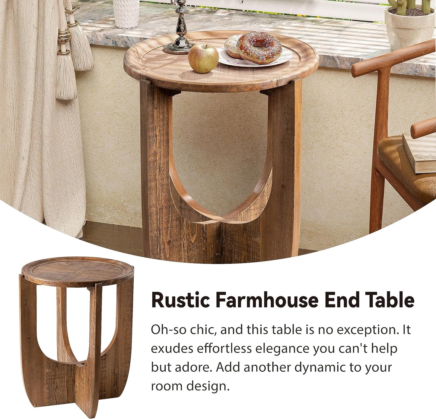 Rustic Farmhouse End Table, French Country Accent Side Table for Family, Dinning or Living Room, Small Spaces, Modern, Round, Brown End Table