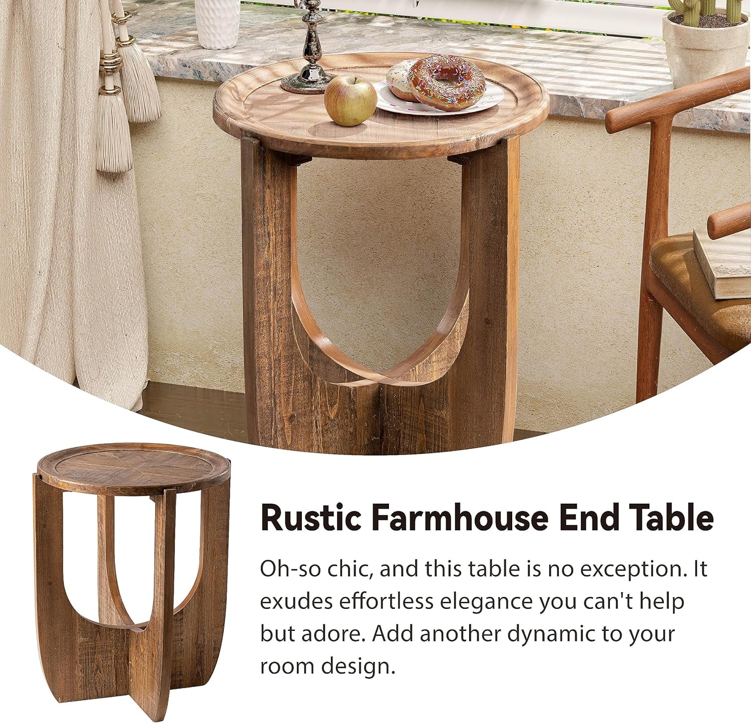 Rustic Farmhouse End Table, French Country Accent Side Table for Family, Dinning or Living Room, Small Spaces, Modern, Round, Brown End Table