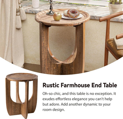 Rustic Farmhouse End Table, French Country Accent Side Table for Family, Dinning or Living Room, Small Spaces, Modern, Round, Brown End Table