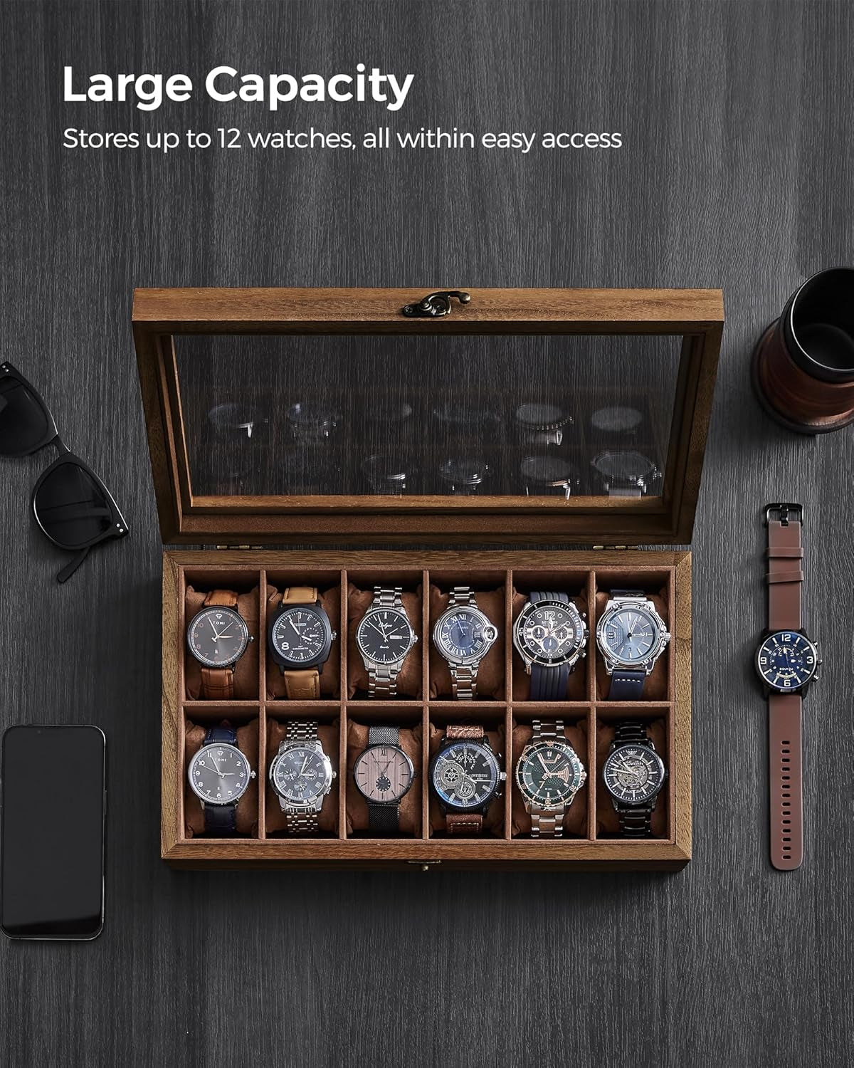 2 Items Bundle - Watch Boxes, 12-Slot Solid Wood Watch Box Organizer with Glass Lid, 2-Tier Watch Case with 8 Slots, Rustic Walnut UJOW008K01 and UJOW120K01
