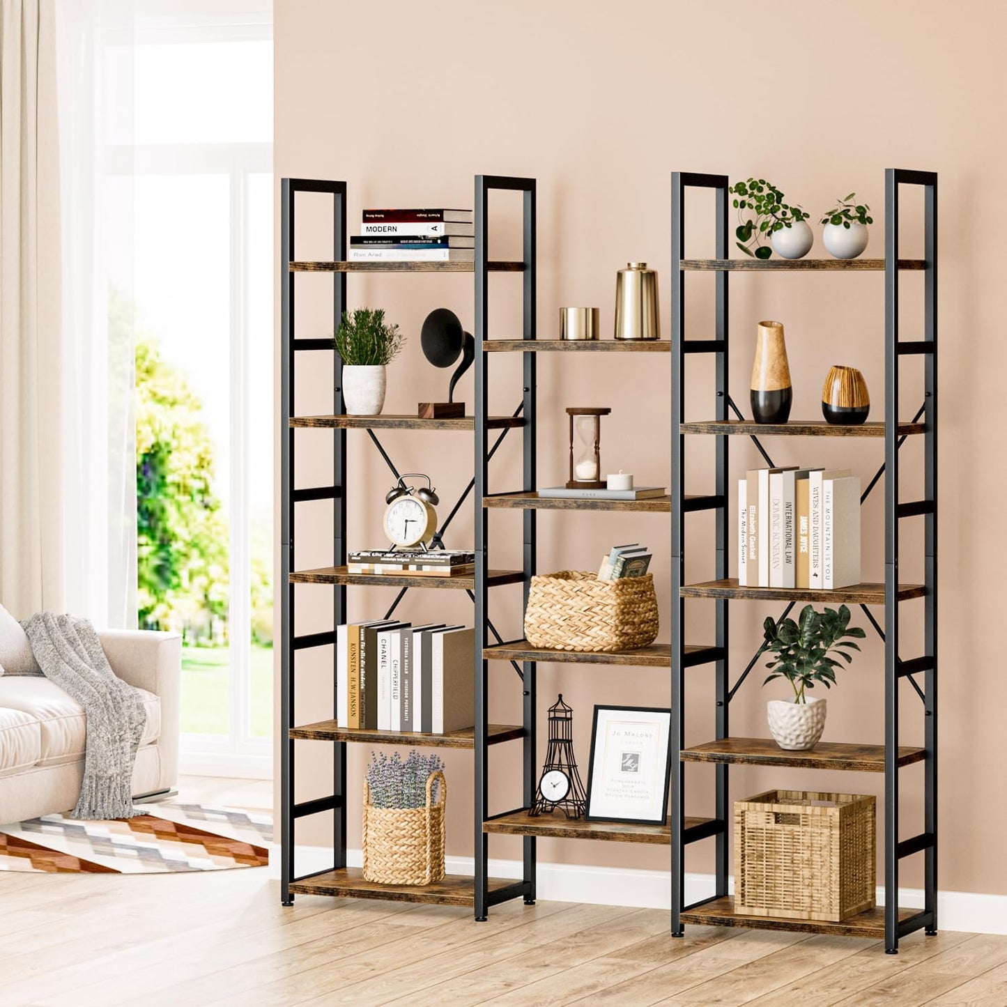 Triple Column 5 Tier Bookshelf, Bookcase with 14 Open Display Shelves, Adjustable Rustic Industrial Style Book Shelves, Modern Bookshelves for Bedroom, Living Room and Home Office, Vintage