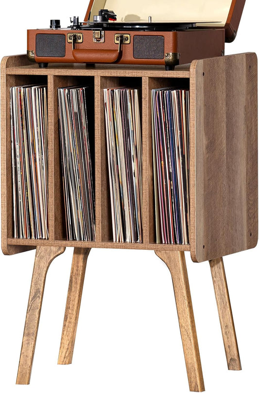 Record Player Stand,Vinyl Record Storage Table with 4 Cabinet up to 100 Albums,Mid-Century Modern Turntable Stand with Wood Legs,Oak Grey Vinyl Holder Display Shelf for Bedroom Living Room