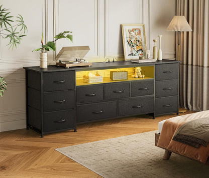 63 Inch TV Stand for 65, 70 Inch TV, 11 Drawer Long Dresser with Power Outlets and LED Lights, Entertainment Center with Storage, Black Dresser with PU Leather Surface