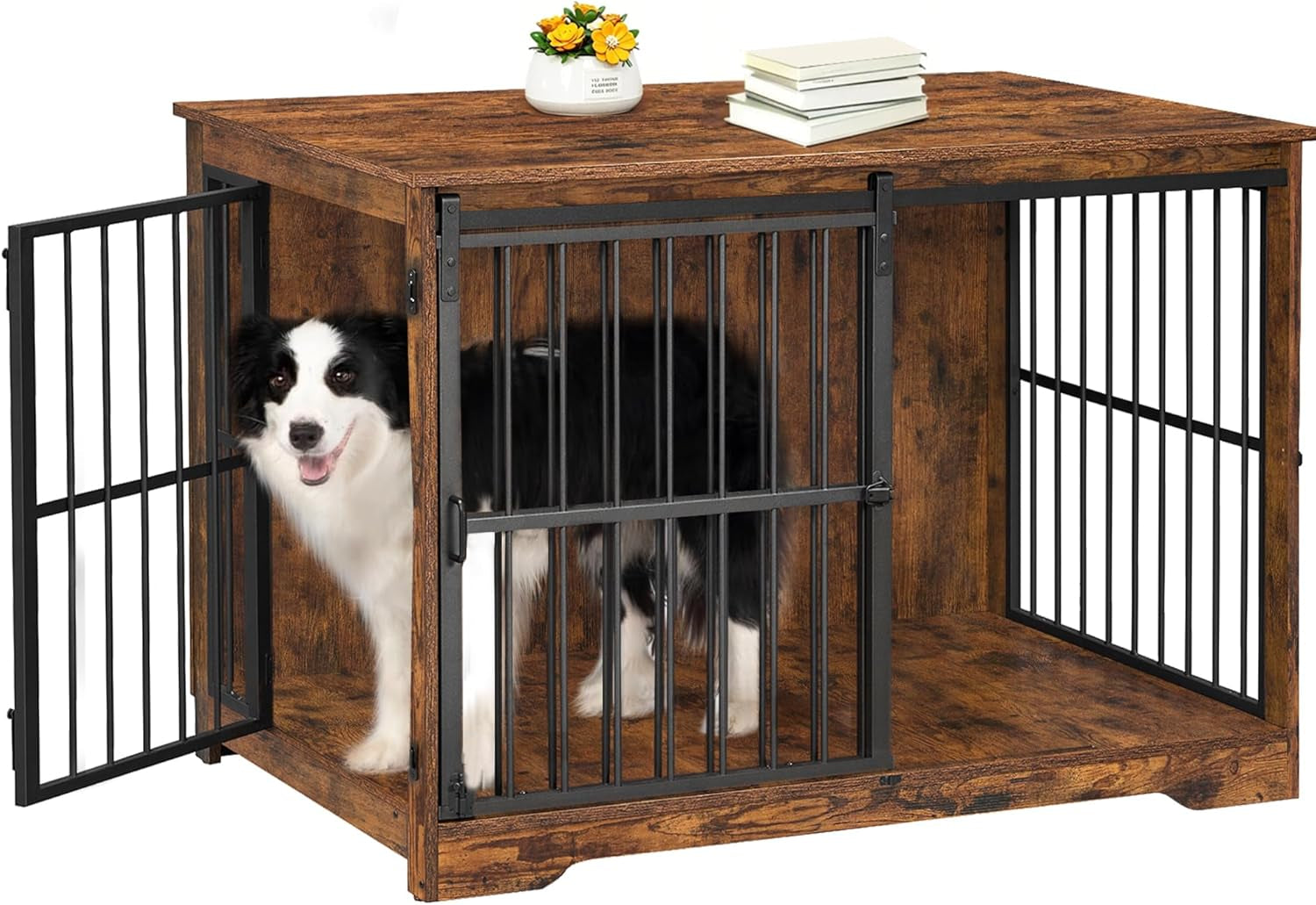 XL Large Dog Crate Furniture, 44.1" Indoor Dog Kennel Furniture with Barn Door, Wooden Tall Dog Crate, Heavy Duty Dog Cage for Large Dogs, Side End Table, Anti-Chew, Rustic Brown DFC80101B