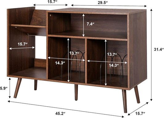 Large Record Player Stand, Mid-Century Vinyl Record Storage Table with Wood Legs and Record Storage, Modern Turntable Stand Holds up to 300 Albums for Studio, Living Room, Bedroom (Walnut)