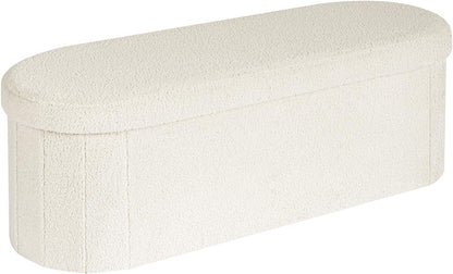 Storage Ottoman Bench Tufted Oval Ottomans Bench Foot Rest, Chest Box Velvet Bench with Storage, 43"X15"X15" (White)