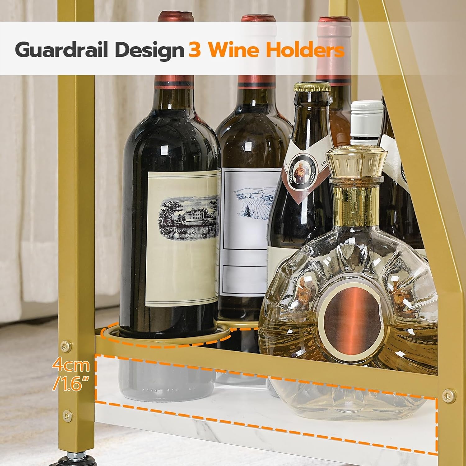 Bar Cart Gold, Home Bar Serving Cart, Kitchen Cart, Rolling Beverage Cart & Wine Rack and Glass Holder 2 Storage Shelves, Cocktail Cart for Home Dining Party, White and Gold DM27TC01