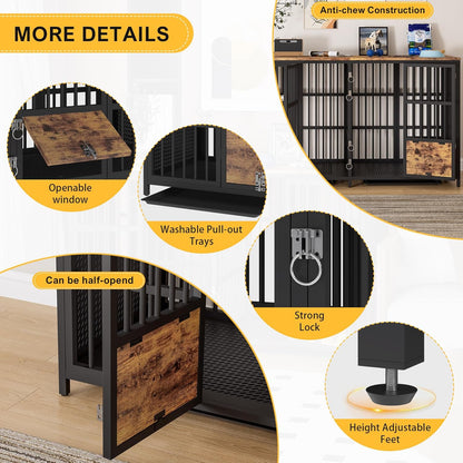 78 Inch Dog Crate, Large Dog Crate for 2 Dogs, Dog Kennel Indoor for Large/Medium Dogs with Top Access Door, XL Wooden Dog Cage with 360 Degree Rotatable Stainless Bowls, Heavy Duty Steel Frame