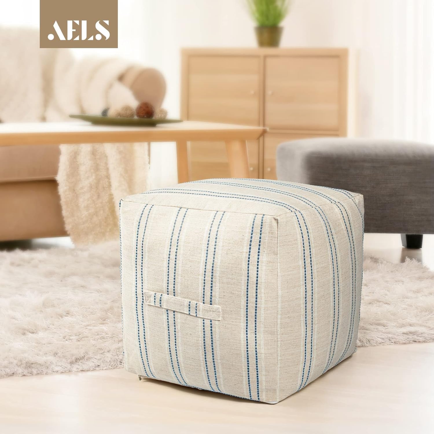 Unstuffed Farmhouse Pouf Cover for Living Room, Boho Storage Bean Bag Cubes, Beige with Navy Blue Stitch Yarn Dyed Stripe Square Ottoman Pouf Foot Rest Footstool, 18"X18"X18", Cover ONLY