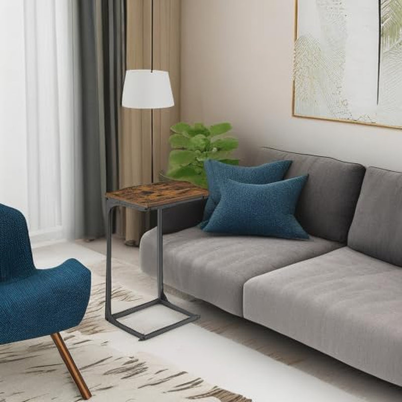 C-Shaped End Table, Side Table for Sofa, Couch Table with Metal Frame, Small TV Tray Table for Living Room, Bedroom, Rustic Brown and Black