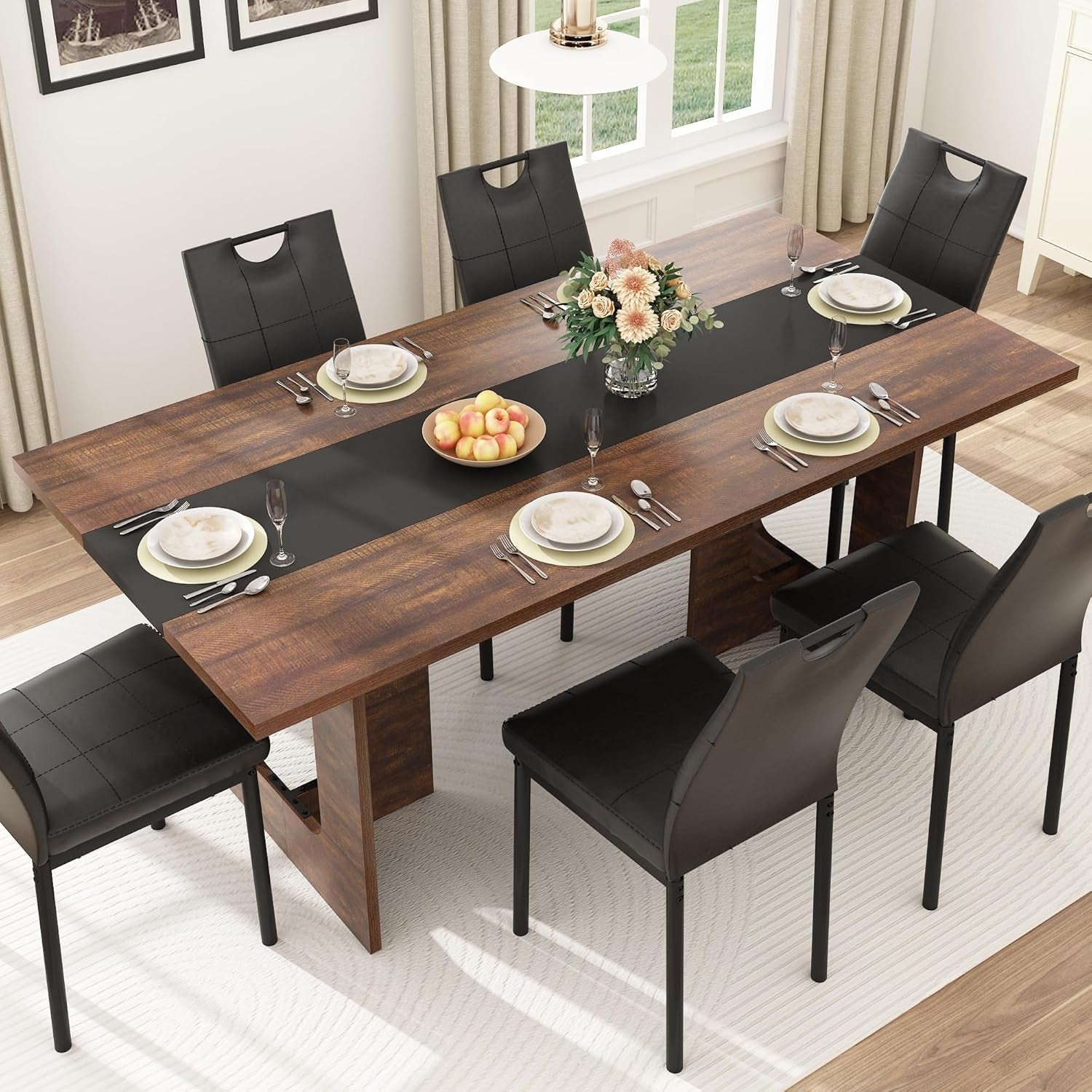 71 Inch Rectangular Dining Table for 6-8 People, Farmhouse Wood Kitchen Table with Wooden Legs, Farmhouse Center Kitchen Table for Dining Room, Kitchen & Living Room, Brown