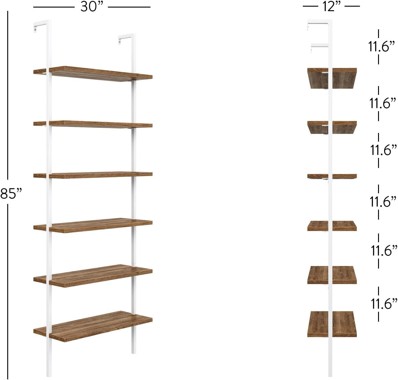 Theo 6-Shelf Tall Bookcase, Wall Mount Bookshelf with Natural Wood Finish and Industrial Metal Frame, Rustic Oak/White