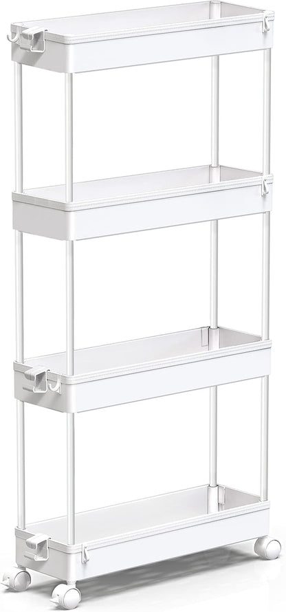 Slim Rolling Storage Cart 4 Tier Bathroom Organizer Mobile Shelving Unit Utility Cart Tower Rack for Kitchen Laundry Narrow Places, White