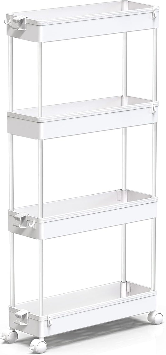 Slim Rolling Storage Cart 4 Tier Bathroom Organizer Mobile Shelving Unit Utility Cart Tower Rack for Kitchen Laundry Narrow Places, White