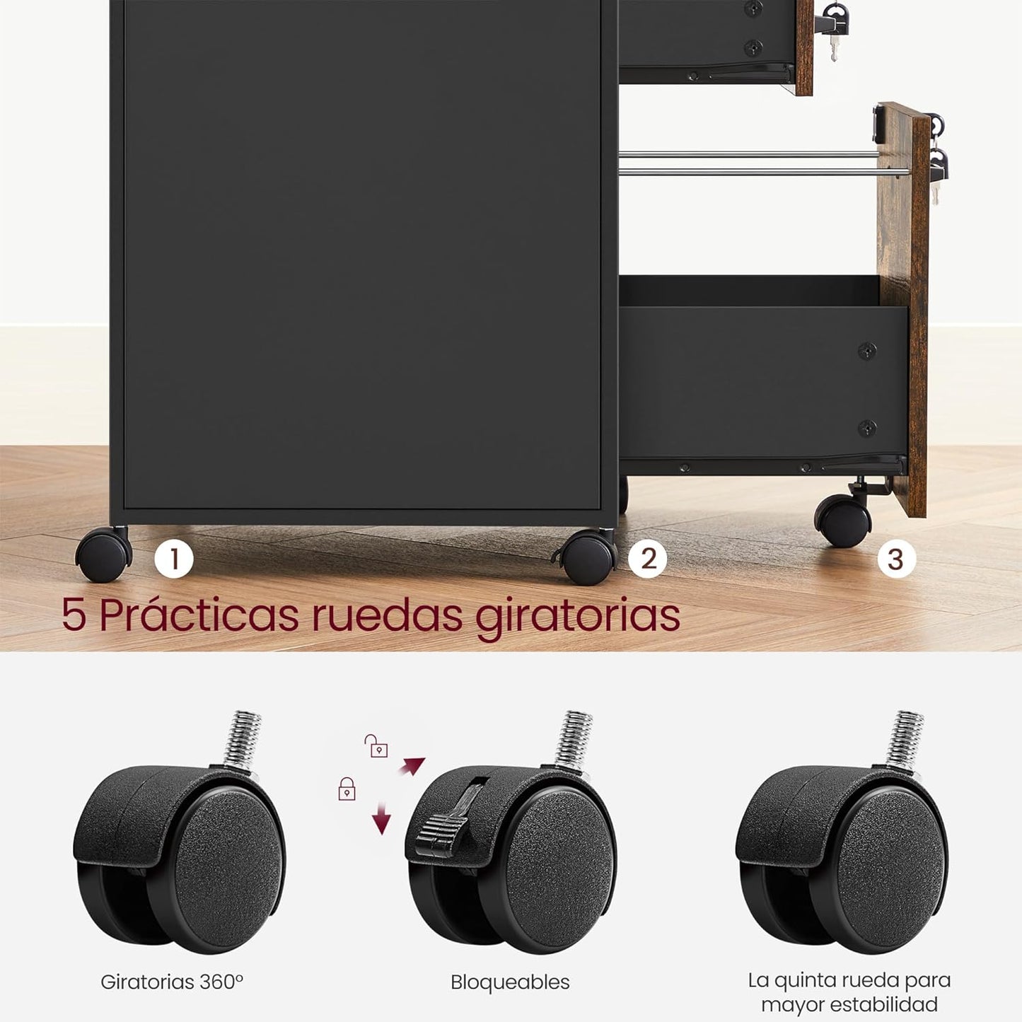 File Cabinet, Mobile Filing Cabinet on Wheels, for Home Office, 2 Lockable Drawers, for A4, Letter-Size Hanging File Folders, Open Shelf, Steel Frame, Rustic Brown and Ink Black UOFC077B01