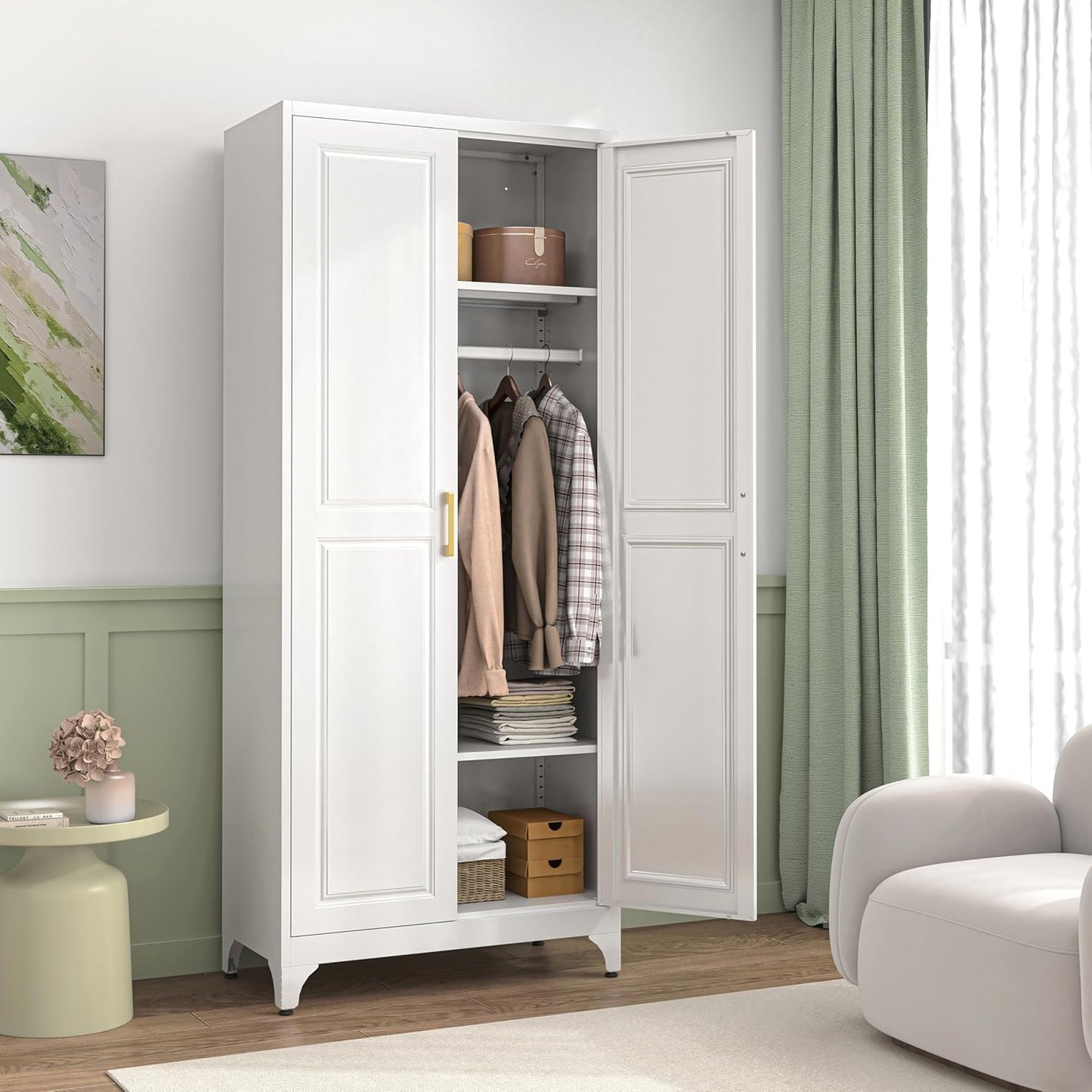 Metal Wardrobe Cabinets,Armoire Wardrobe Closet with Hanging Rod,Clothes Storage Cabinet with Adjustable Shelves and Doors,Clothing Cabinet for Bedroom,Office, Laundry Room