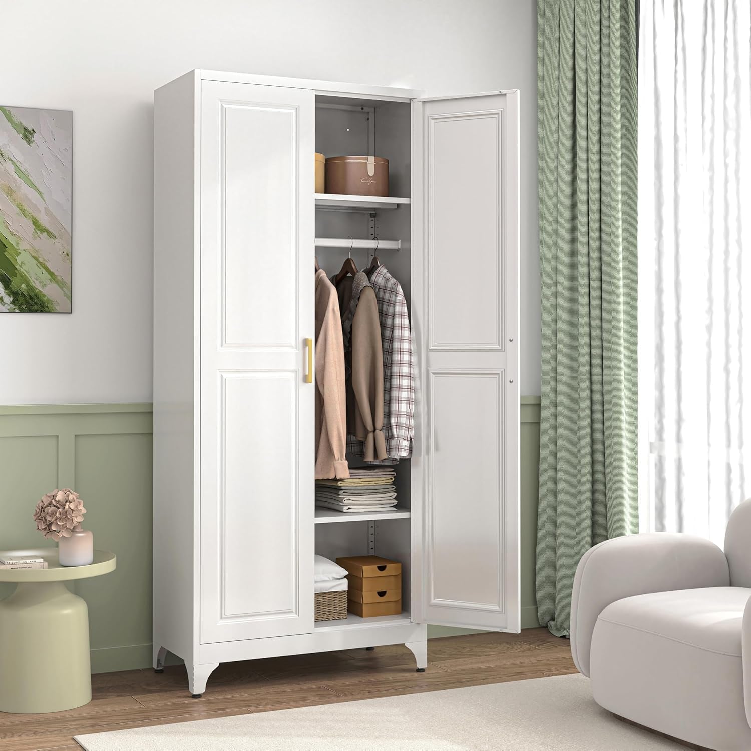 Metal Wardrobe Cabinets,Armoire Wardrobe Closet with Hanging Rod,Clothes Storage Cabinet with Adjustable Shelves and Doors,Clothing Cabinet for Bedroom,Office, Laundry Room