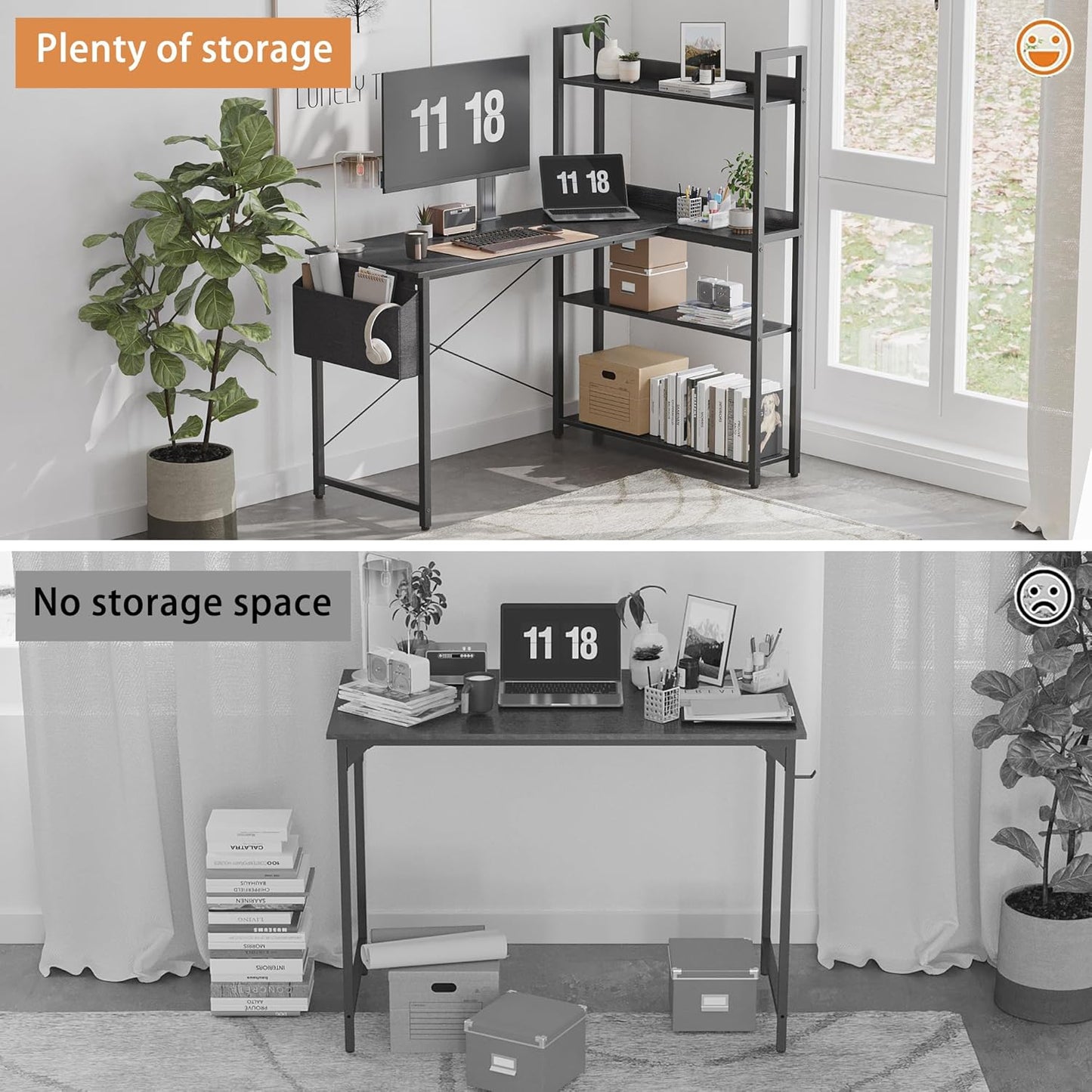 55 Inch Small L Shaped Desk, Corner Desk with Bookshelf, Home Office Desk, Writing Study Desk for Bedroom, Black