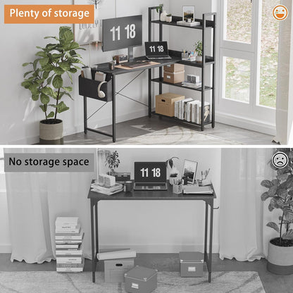 55 Inch Small L Shaped Desk, Corner Desk with Bookshelf, Home Office Desk, Writing Study Desk for Bedroom, Black
