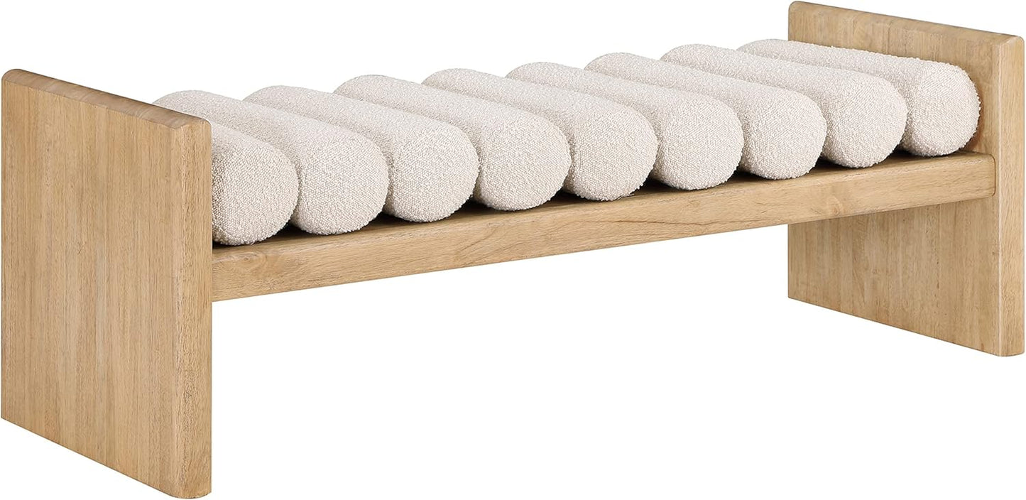 179Cream Waverly Collection Modern | Contemporary Bench with Solid Wood Rich Natural Finish, Luxurious Cream Boucle Fabric, 52" W X 19" D X 18" H, Cream